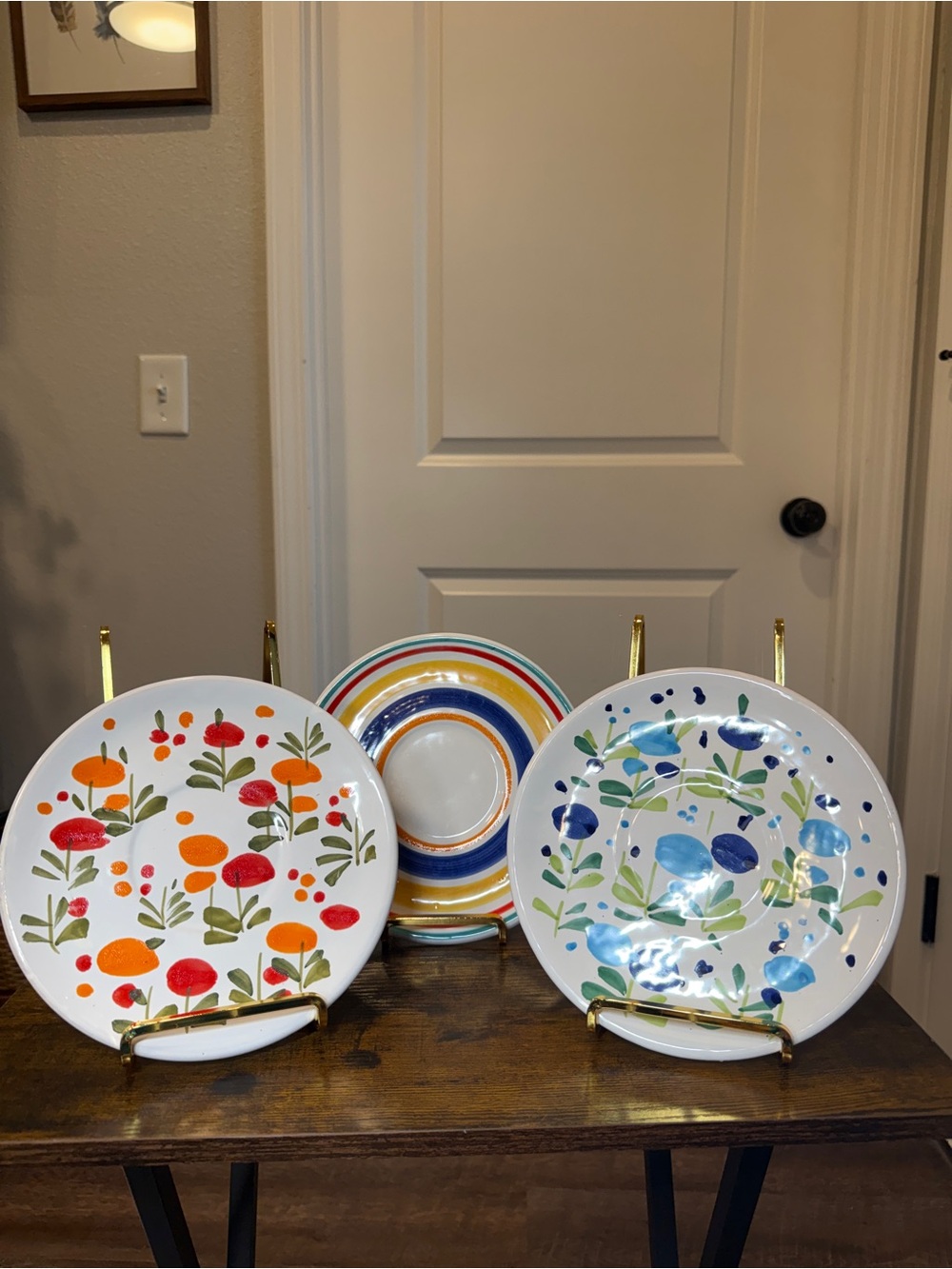 Set of 3 Italian Ceramic Plates – Colorful Floral & Stripe Designs – 8”